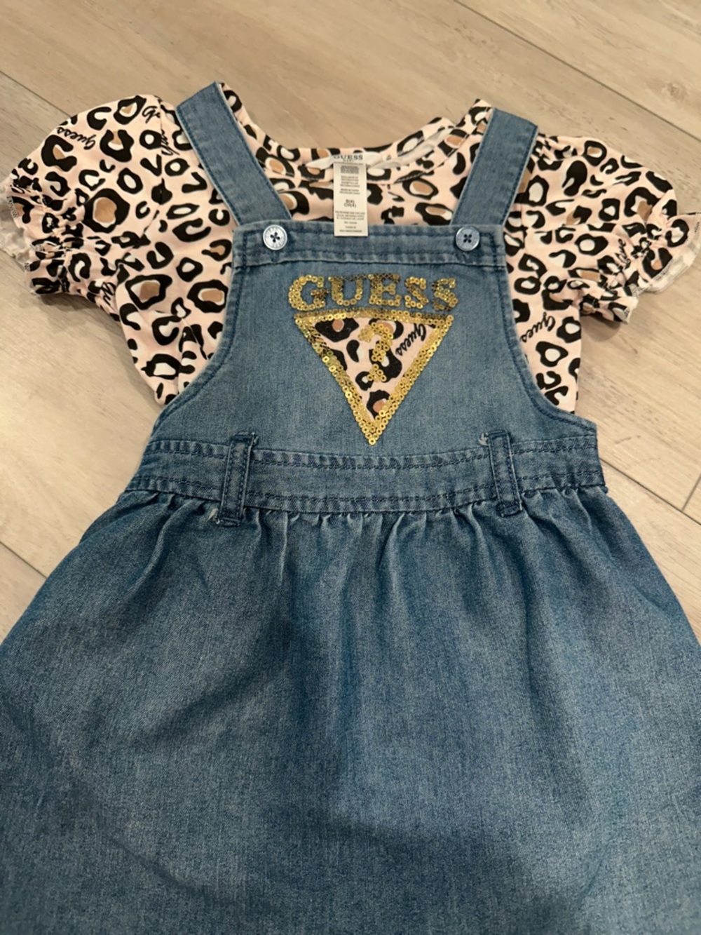 Guess Girls Denim Pinafore with Pink Leopard Tee